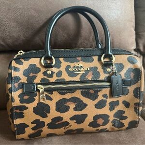 Coach Leopard Print Leather Rowan Satchel - Brown/Black